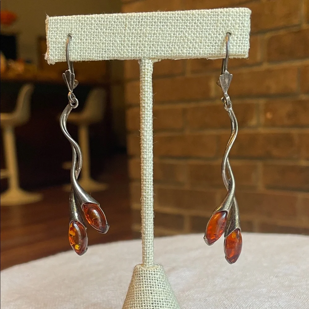 Handmade Sterling Silver and Baltic Amber organic floral hook back drop earrings - Picture 6 of 11
